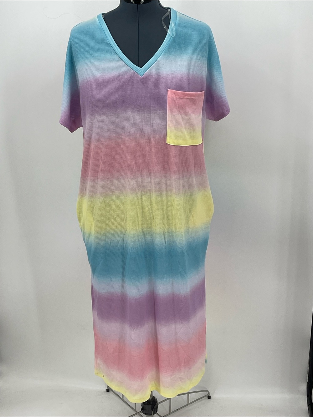 MY STORY WOMENS L Pastel Rainbow Stripe V-Neck Maxi Dress with Pocket